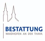 Das Logo zeigt zwei Kirchtürme, einen höher als den anderen, mit dem Text 'BESTATTUNG WAIDHOFEN AN DER THAYA' darunter.