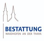 Das Logo zeigt zwei Kirchtürme, einen höher als den anderen, mit dem Text 'BESTATTUNG WAIDHOFEN AN DER THAYA' darunter.