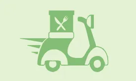 Ein grüner Roller mit einer Lebensmittelbox oben, einem Gabel- und Messersymbol und einem offenen Vorderrad.