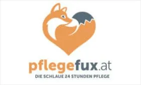Ein Logo mit einem orangefarbenen Fuchs in einem Herzen, das Fürsorge und Unterstützung symbolisiert. Unter dem Herzen steht der Text 'pflegefux.at' und 'DIE SCHLAUE 24 STUNDEN PFLEGE'.