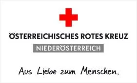 Ein weißer Hintergrund mit einem roten Kreuz-Logo oben, gefolgt von dem Text 'Osterreichisches Rotes Kreuz Niederosterreich' und einem Slogan 'Aus Liebe zum Menschen.'