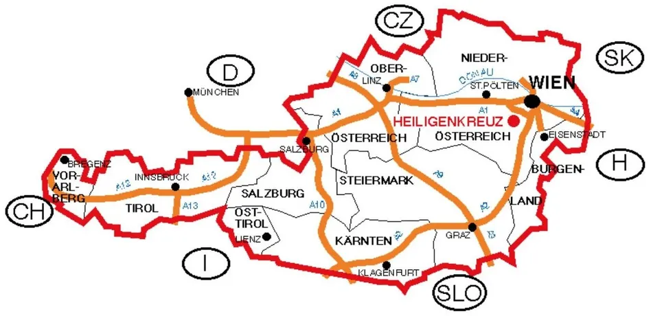Karte zeigt Österreichs Regionen mit Städten wie Salzburg, Linz und Klagenfurt. Autobahnen A1, A7, A10 und A13 sind markiert.