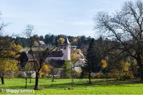 Ein Blick auf ein Dorf mit Bäumen und einem Turm, unter einem klaren Himmel, im Herbst.