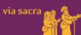 Ein lila Hintergrund zeigt die Worte 'via sacra' in Weiß. Drei gelbe Figuren stehen rechts, eine hält einen Stab, eine hält ein Buch und eine zeigt mit einer Hand.