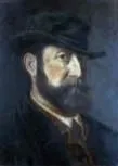Ein altes Gemälde zeigt einen Mann mit Bart und Schnurrbart, der einen schwarzen Hut und einen Anzug trägt. Er schaut den Betrachter direkt mit einem ernsten Ausdruck an.