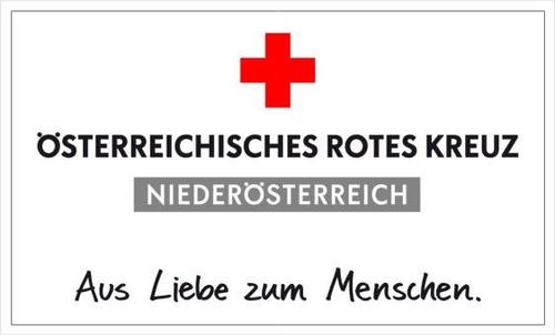 Das Bild zeigt das Logo des Österreichischen Roten Kreuzes in Niederösterreich mit einem roten Kreuzsymbol. Darunter steht 'Aus Liebe zum Menschen', was 'Aus Liebe zum Menschen' bedeutet.