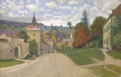 Ein Gemälde zeigt eine Dorfstraße mit zwei gehenden Personen. Die Straße wird von Gebäuden, Bäumen und einer Rasenfläche gesäumt. Ein Turm mit einem Spitzturm ist sichtbar, und der Himmel ist teilweise bewölkt.
