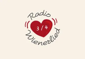 Das Logo für Radio 3/4 Wienerlied zeigt ein rotes Herz mit dem Text 'Radio 3/4' darin, platziert über dem Wort 'Wienerlied'. Das Herz ist von zwei Schallwellen-Symbolen umgeben, jeweils eine auf jeder Seite.