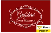 Ein roter Banner mit weißem Text. Der Name 'Greyslerei Doris Wallisch' ist in weißer Kursivschrift geschrieben. Darunter steht das Wort 'Pa' in Gelb.
