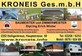 Ein Poster, das Kroneis Gmbh bewirbt, mit mehreren Gebäudebildern, Dienstleistungen und Kontaktinformationen.