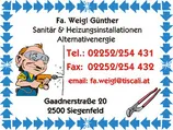 Ein Visitenkarte für Fa. Weig Guenther, das Sanitär-, Heizungsinstallationen und alternative Energie anbietet. Kontaktdaten umfassen Telefon, Fax und E-Mail. Adresse: Gaadnerstraße 20, 2500 Siegenfeld.