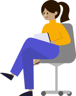 Eine Illustration einer Frau, die auf einem Stuhl sitzt, ein Tablet und einen Stift hält und lächelt.