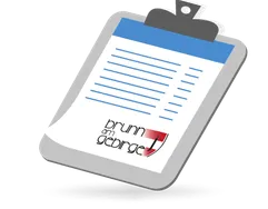 Eine Illustration eines Klemmbretts mit einem leeren Papierblatt, das einen Logo mit dem Text 'brunn am gebirg' in der unteren rechten Ecke zeigt.
