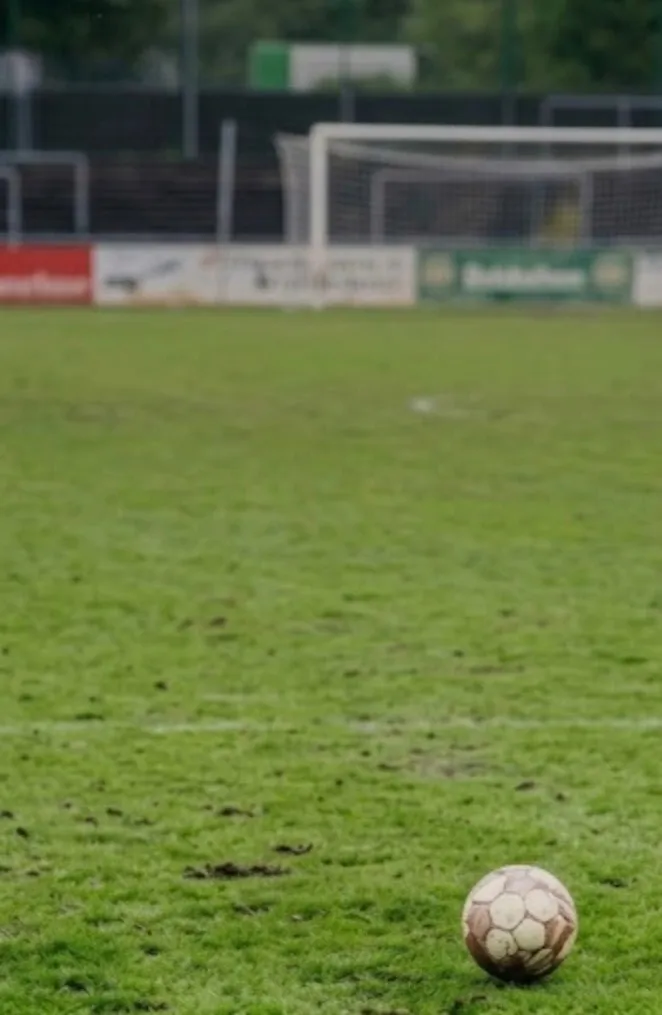Abschnittsbild: Ein leeres Fußballfeld mit einem Tornetz im Hintergrund, der Rasen ist grün und hat einige weiße Markierungen.