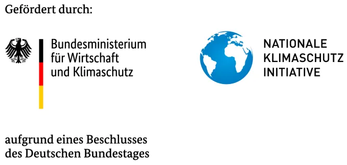 Logo, das das Bundesministerium für Wirtschaft und Klimaschutz und die Nationale Klimaschutz Initiative zeigt, mit einem Globus-Symbol. Text besagt 'Gefördert durch: aufgrund eines Beschlusses des Deutschen Bundestages.'