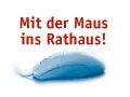 Eine blaue Computermaus auf weißem Hintergrund mit dem Text 'Mit der Maus ins Rathaus!' in Rot geschrieben.