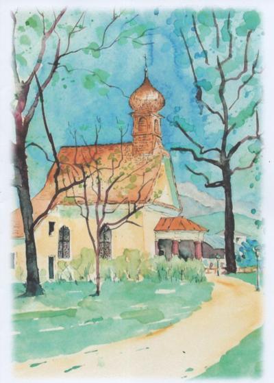 Aquarellmalerei einer Kirche mit goldener Kuppel, umgeben von Bäumen und Gras, mit einem Weg, der zu ihr führt.