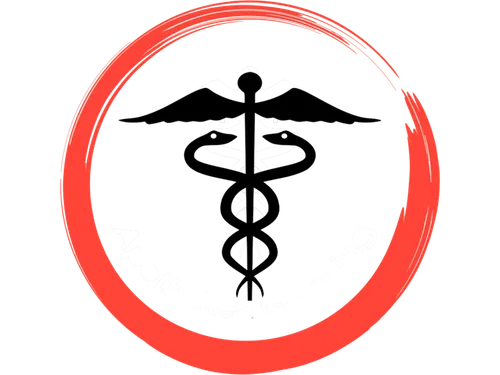 Ein schwarz-weißes medizinisches Symbol mit Flügeln, Schlangen und Text in einem roten Kreis auf schwarzem Hintergrund.
