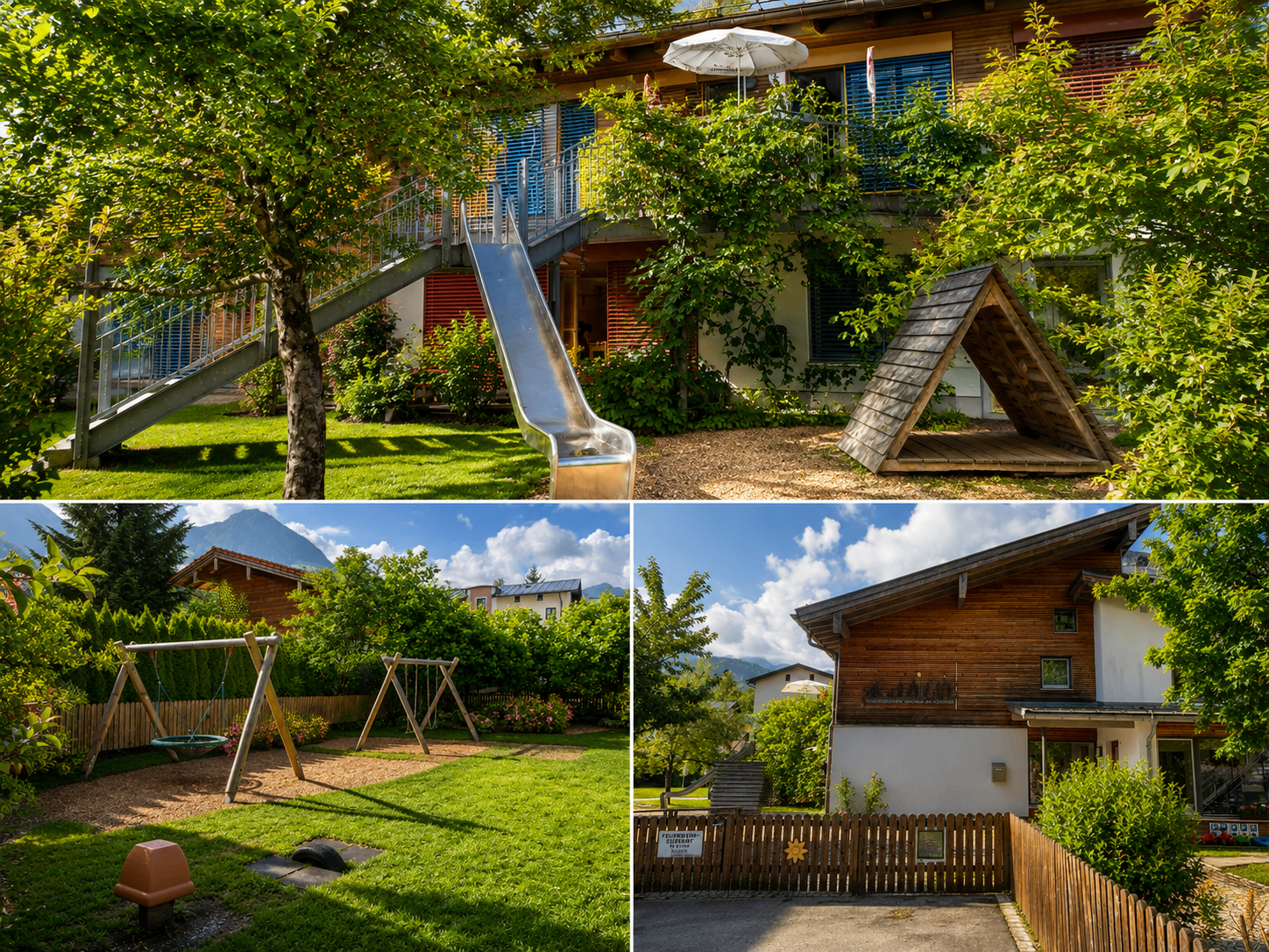 Ein Spielplatz mit einer Rutsche, Schaukeln und einem Haus im Hintergrund. Bäume und Berge in der Ferne.