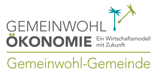 Das Logo für Gemeinwohl Oekonomie, ein Wirtschaftsmodell für Gemeinschaften, zeigt eine Palme, einen gelben Pfeil und Text auf schwarzem Hintergrund.