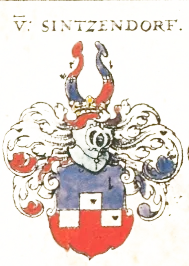 Ein altes Wappen mit dem Titel 'V. Sintzendorf' zeigt einen blauen Schild mit weißen Quadraten und roten Rändern. Darauf sitzt ein Helm mit roter Mähne, geschmückt mit blauen und roten Federn.