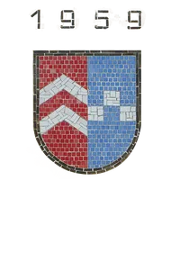 Ein Schild mit schwarzem Rand zeigt einen roten und blauen Abschnitt, der durch ein weißes Zickzackmuster geteilt wird. Der rote Abschnitt hat eine weiße Dachform.