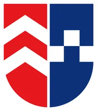 Ein rot-weißer Schild ist in zwei Bereiche unterteilt. Die linke Seite zeigt ein dreieckiges Muster. Die rechte Seite ist blau mit einem weißen Kreuz.