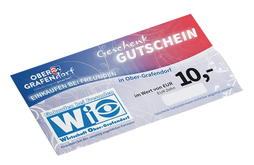 Ein Geschenkgutschein aus Ober-Grafendorf mit einem Wert von 10 Euro. Er ist für Freunde beim Einkaufen gedacht. Bar einlösbar bei Freunden.