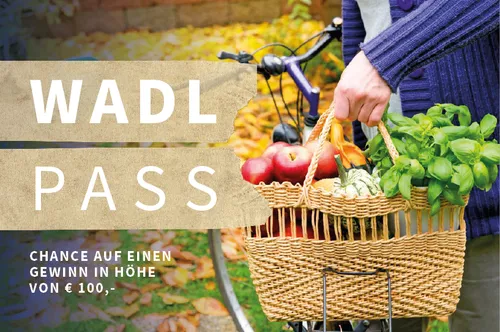Eine Werbung für 'WADL PASS' zeigt eine Person, die einen Korb voller Früchte hält. Ein Fahrrad ist im Hintergrund. Die Werbung bietet die Chance auf einen Gewinn bis zu 100 €.