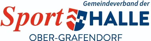 Das Logo von Sport Halle Ober-Grafendorf zeigt die Texte 'Sport Halle' und 'Ober-Grafendorf' in fetter roter und blauer Schrift. Das Design enthält ein Schildsymbol mit einem Kreuz.