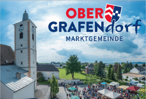 Ein Poster für die Ober Grafendorf Marktgemeinde mit einem großen Kirchturm, einer Menschenmenge und einem Dorf im Hintergrund.