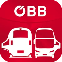 Ein roter Hintergrund zeigt das OBB-Logo mit zwei weißen Bus-Symbolen. Der linke Bus hat ein rotes Rechteck oben, und der rechte Bus hat eine rote Windschutzscheibe.