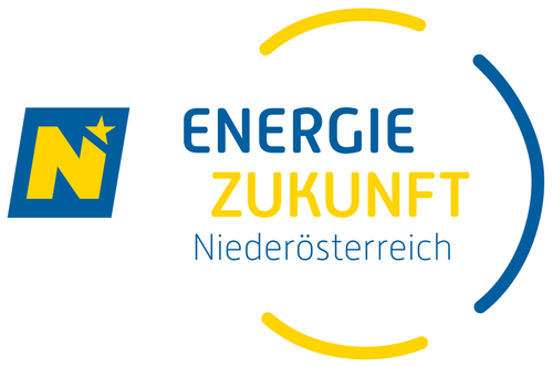Das Logo zeigt einen blauen Stern mit gelbem Umriss und einer gelben geschwungenen Linie. Die Worte 'Energie Zukunft' sind in Blau, und 'Niederösterreich' steht in Blau darunter.