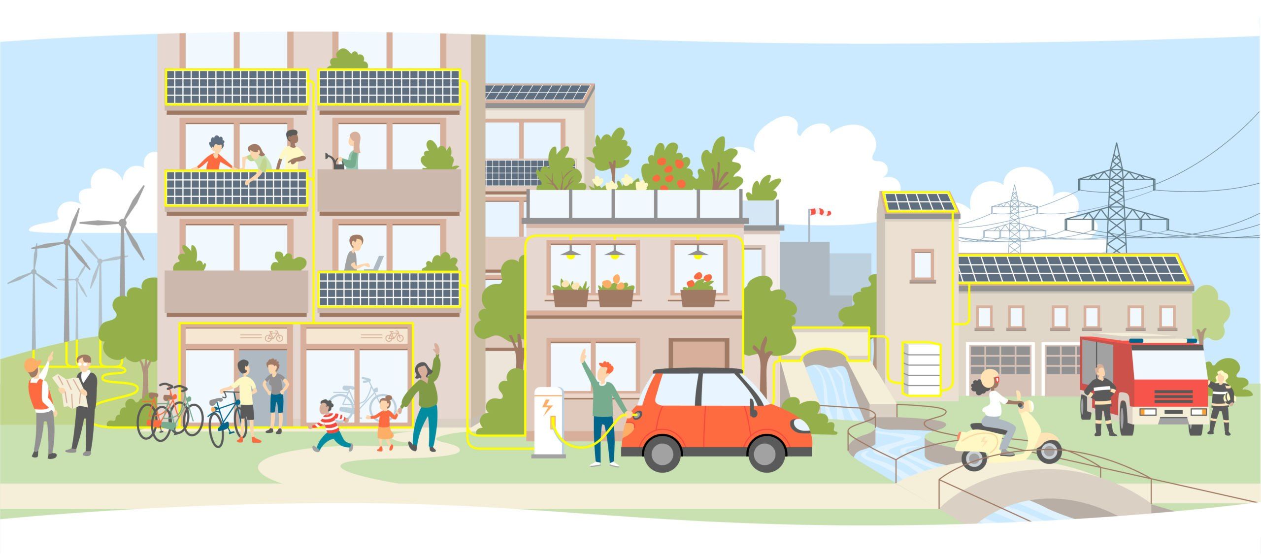 Illustration eines Gebäudes mit Solarpanelen auf dem Dach und einer Familie, die eine Elektroauto-Ladestation nutzt.