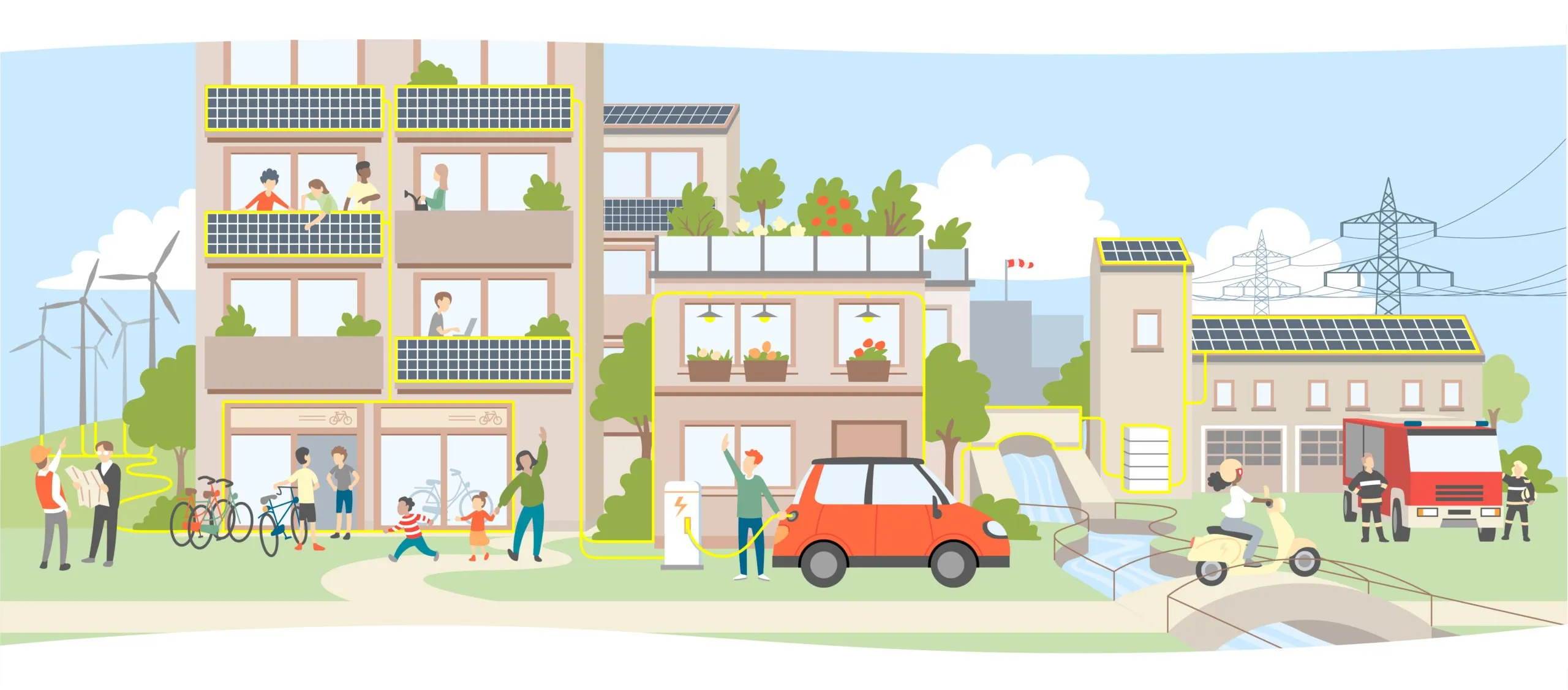 Illustration eines Gebäudes mit Solarpanelen auf dem Dach und einer Familie, die eine Elektroauto-Ladestation nutzt.