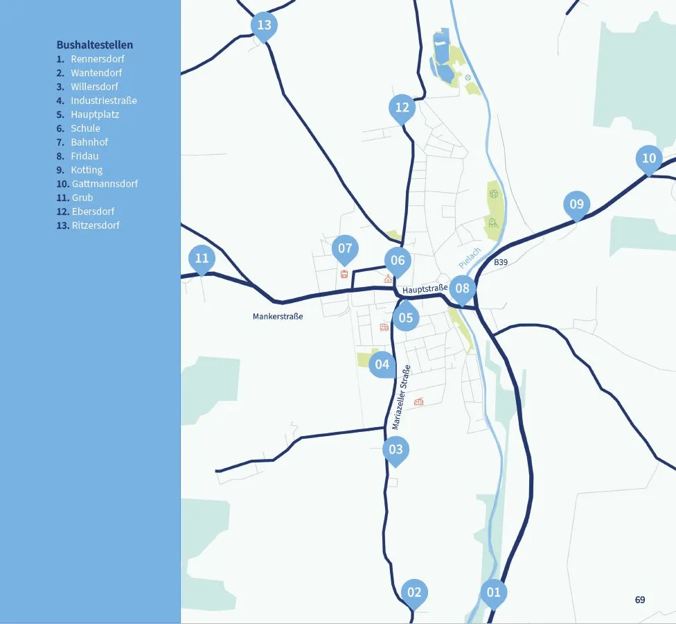 Eine Karte mit Bushaltestellennummern 1 bis 13, wobei die Busrouten durch blaue Linien und spezifische Haltestellen durch blaue Kreise gekennzeichnet sind. Die Karte ist in nummerierte Bereiche unterteilt.