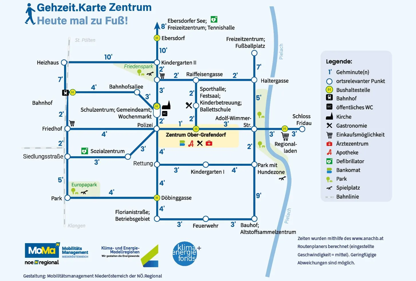 Eine Karte des Zentrums der Stadt mit verschiedenen Wahrzeichen wie Kindergärten, Sporthallen, Schulen und einem Sozialzentrum. Es gibt auch Symbole für einen Park, ein Schwimmbad und eine Bushaltestelle.