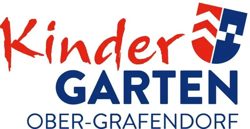 Das Logo für Kinder Garten Ober-Grafendorf, mit den Worten Kinder Garten in Rot und Blau und einem Schilddesign mit einem Kreuz in der Mitte.