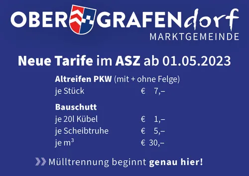 Die neue Tarife der Marktgemeinde Grafendorf ab dem 01.05.2020. Altreifen PKW (mit + ohne Felge) €7 pro Stück. Bauschutt €1 pro 20l Kübel. Scheurtruhe €5 pro Stück. €30 pro m³. Müllabfuhr beginnt genau hier!