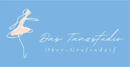 Ein blaues Banner mit dem Text 'Das Tanzstudio' und 'Ober-Grafendorf', mit einer Silhouette einer Ballerina in einer Ballettposen tanzend.