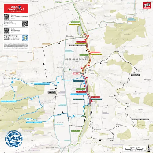 Eine Karte mit Routen rund um Ober-Grafendorf, zwei markierte Routen, eine 11 km lang und die andere 25,5 km. Die Karte enthält Symbole für Start- und Endpunkte sowie QR-Codes.