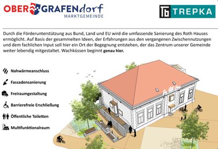 Eine architektonische Darstellung eines Gebäudes mit rotem Dach und mehreren Fenstern. Das Gebäude hat eine Treppe, die zum Eingang führt, und es gibt Bänke und einen Baum im Vordergrund. Das Bild enthält auch Bezeichnungen wie 'Erschließung' und 'Toiletten'.