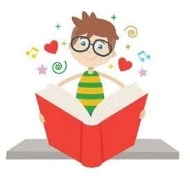 Ein Junge mit Brille hält ein offenes Buch in der Hand, umgeben von Noten, Herzen und Sternen. Er lächelt und scheint das Lesen zu genießen.