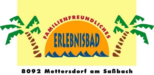 Logo eines familienfreundlichen Erlebnisbades mit tropischem Hintergrund und zwei Palmen. Darunter steht die Adresse: 8092 Mettersdor am Sabbach.