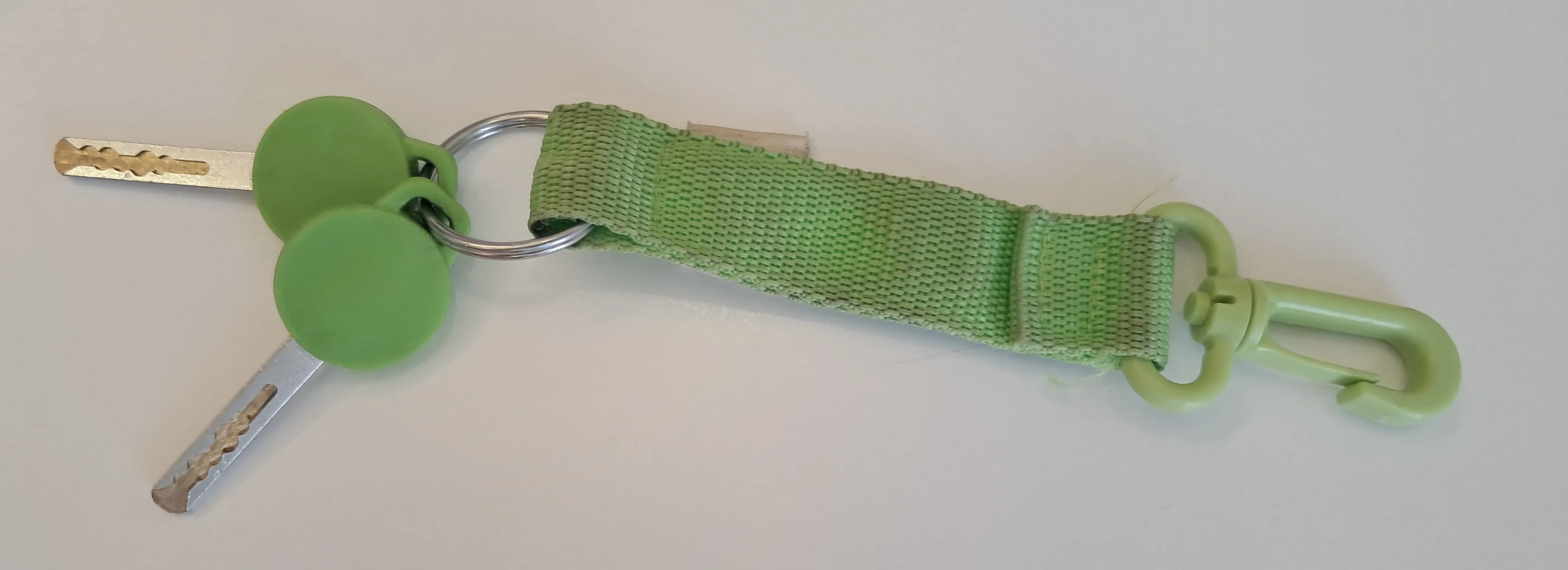 Nahaufnahme eines lindgrünen Riemens mit einem silbernen Ring, flach auf einer weißen Oberfläche ausgelegt.