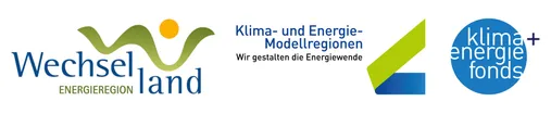 Ein blau-weißes Bild zeigt den Text 'Klima- und Energie Modellregion Wir gestalten die Energie'. Die Worte sind in großer blauer Schrift mit fetter Stil.