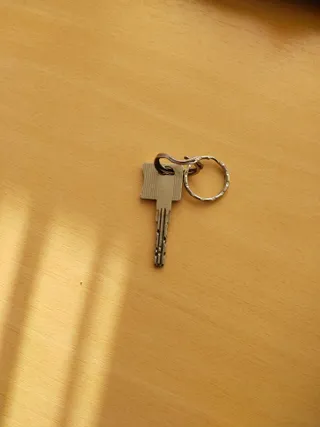 Ein Schlüssel mit einem silbernen Ring liegt auf einer Holzoberfläche mit Schatten darauf.