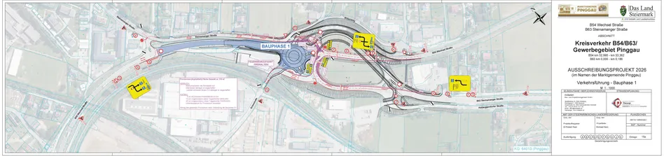 Das Bild zeigt eine Karte von Bauphase 1 mit einer kreisförmigen Straße und Geschwindigkeitsbegrenzungen. Es gibt mehrere Richtungen und die Karte enthält verschiedene Markierungen für Straßen und Wege.