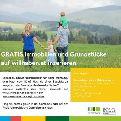 Werbeanzeige für kostenlose Immobilienangebote. Es zeigt eine Familie auf einem Feld mit einem grünen Banner, das 'GRATIS Immobilien und Grundstücke auf willhaben.at inserieren!' mit Kontaktdaten enthält.