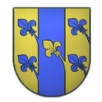 Ein Schild mit blauem und gelbem Feld, diagonal durch eine Linie geteilt. Auf der blauen Seite befinden sich drei blaue Lilien, und auf der gelben Seite drei gelbe Lilien.